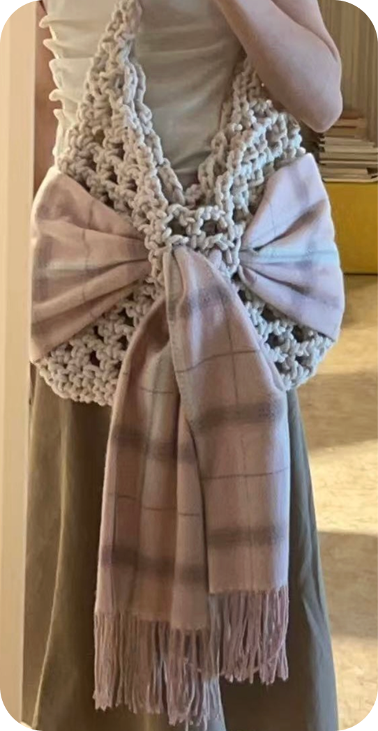 Crocheted tote worn with scarf