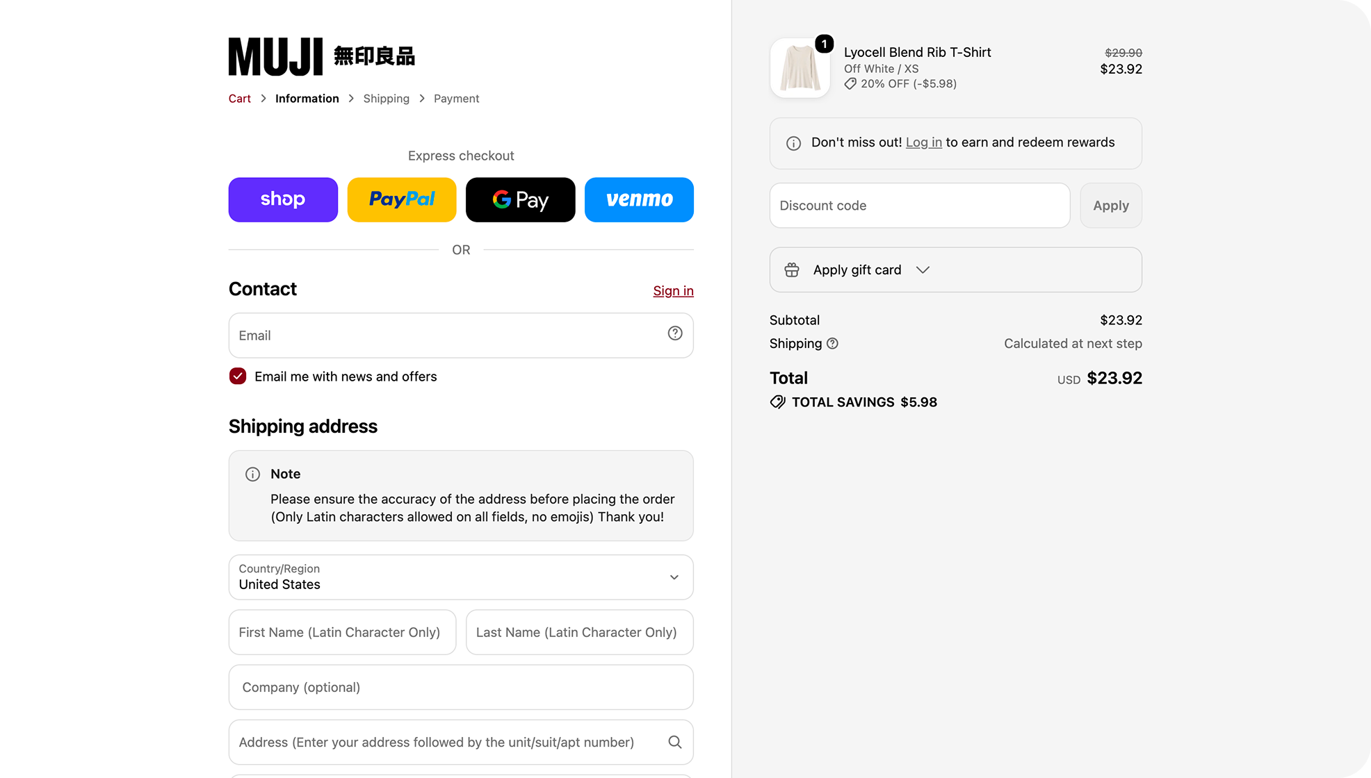 Current design: shipping and payment information